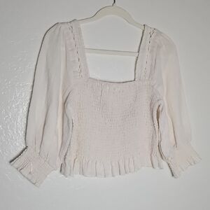 Chic Women's Cream Blouse with Smocked Bodice